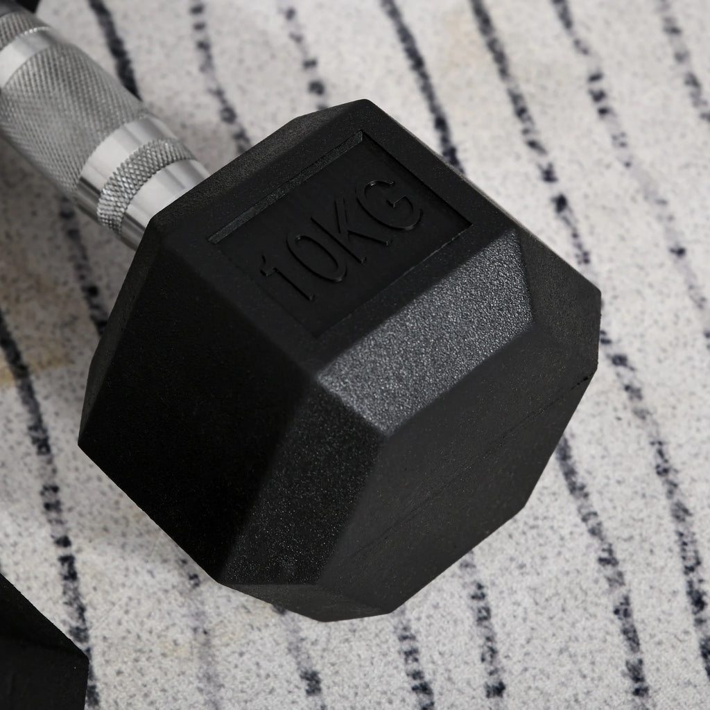 HOMCOM Rubber Dumbbell Sports Hex Weights Sets Home Gym Fitness Hexagonal Dumbbells Kit Weight Lifting Exercise (2 x 10kg)